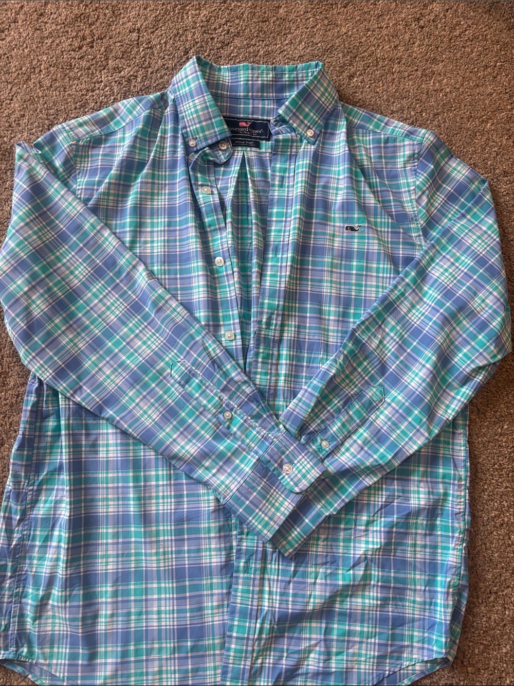 Vineyard Vines Men’s Blue and Green Plaid Button-Down Shirt